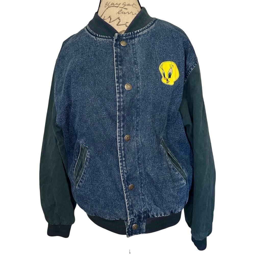 Vtg Looney Tunes Tweety Bird UNISEX Men M Women L/XL Denim Varsity Jacket 90s